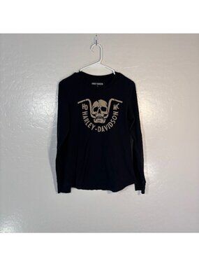 Harley Davidson T Shirt Womens Medium Long Sleeve Skull Graphic Logo Black